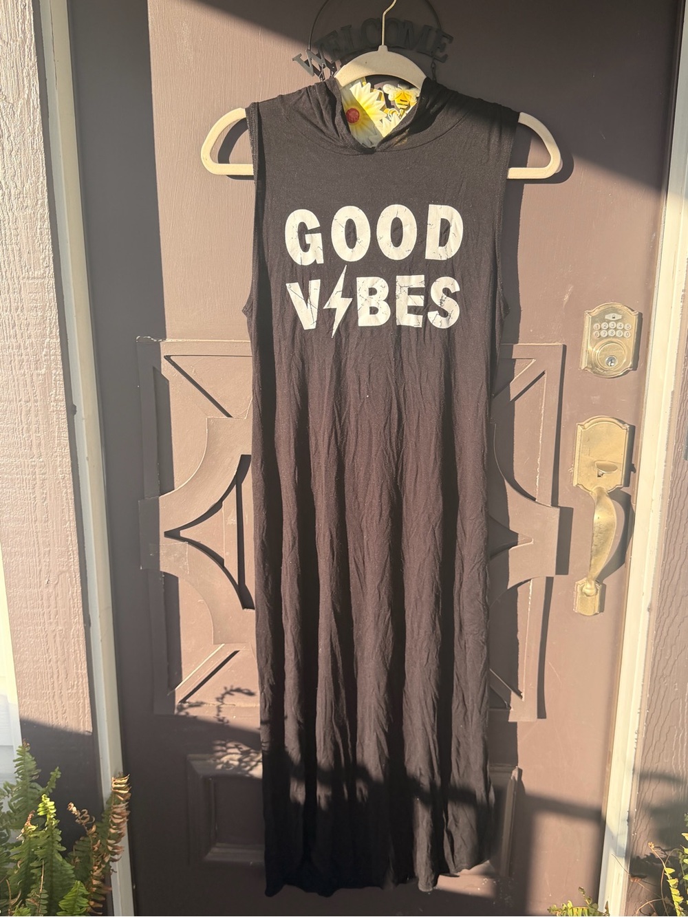 Sleeveless Black Maxi Dress with "GOOD VIBES" Graphic